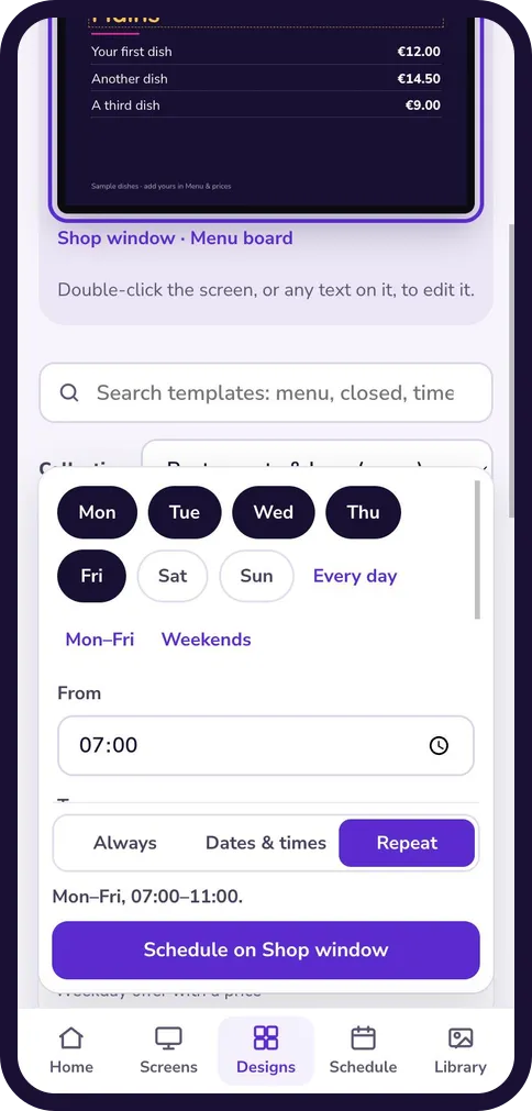 The Repeat option with Monday to Friday selected and a start time of 07:00.