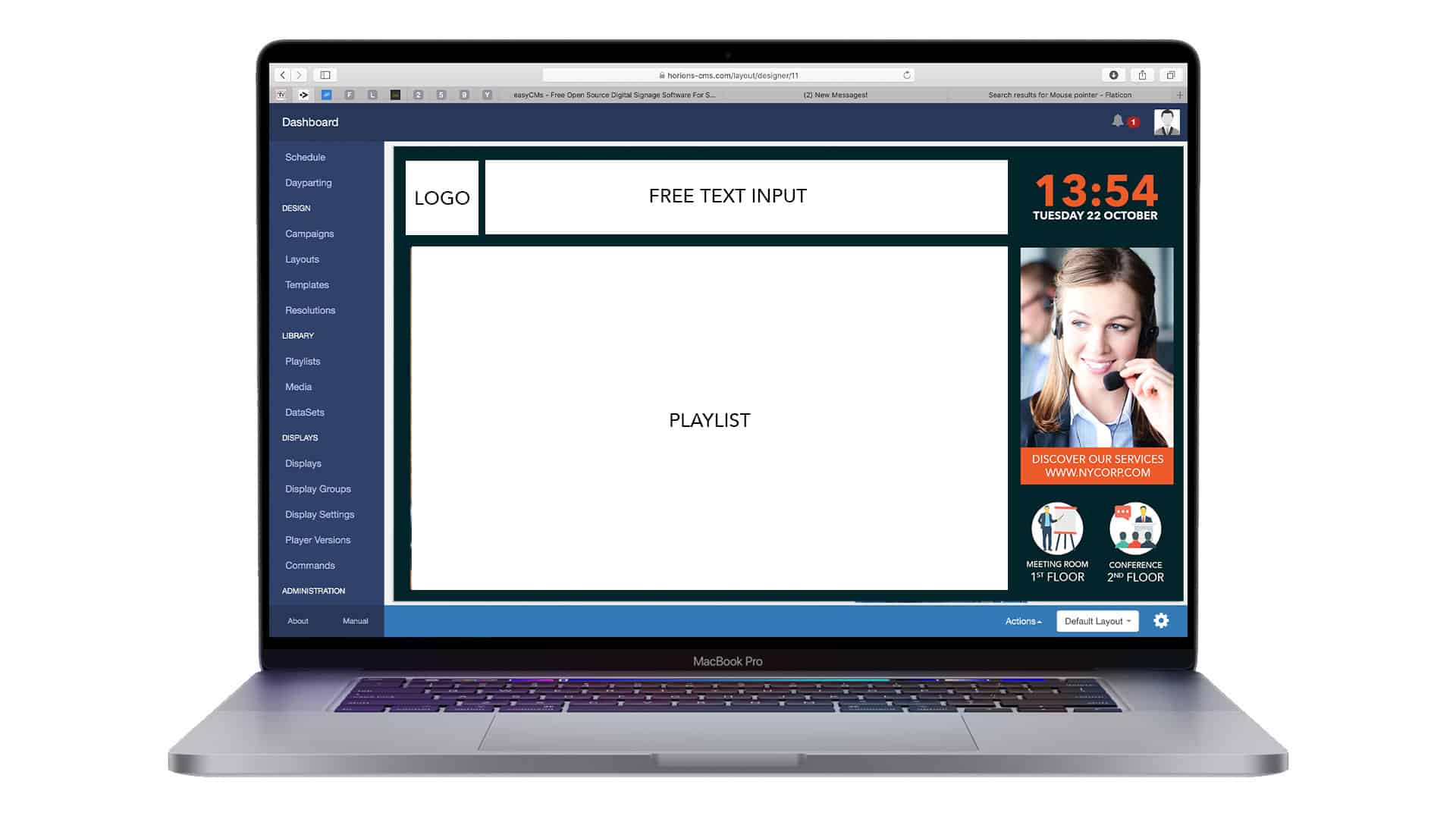 easyCMS layout editor splitting a screen into media zones