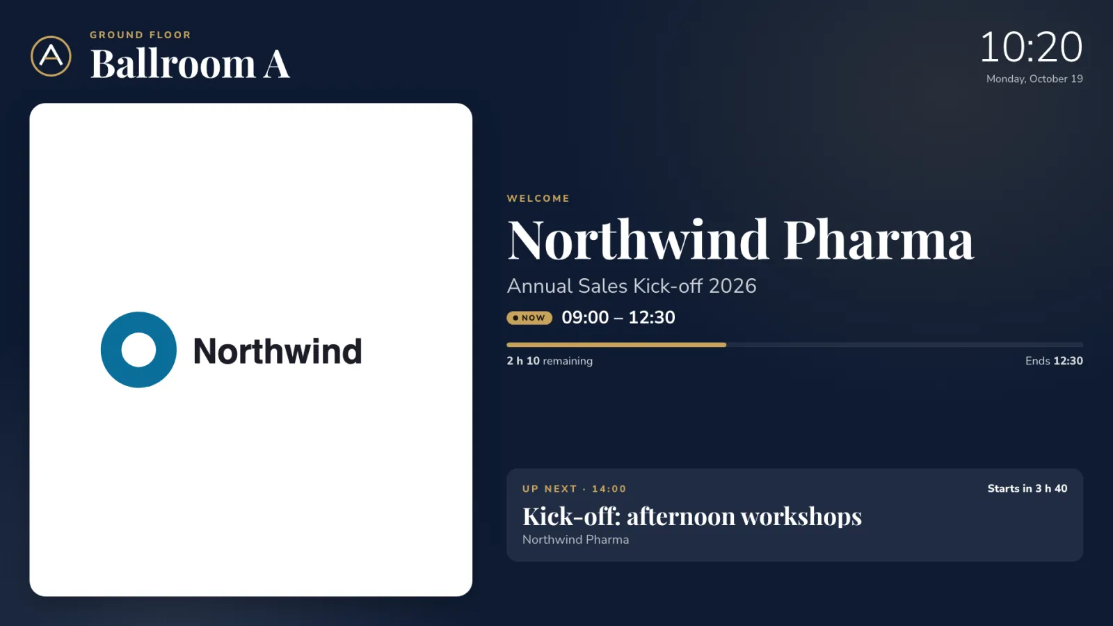 Das Türschild von Ballroom A: das Logo des Kunden, „Welcome Northwind Pharma“, die laufende Sitzung mit noch 2 h 10 und als Nächstes die Nachmittagssitzung
