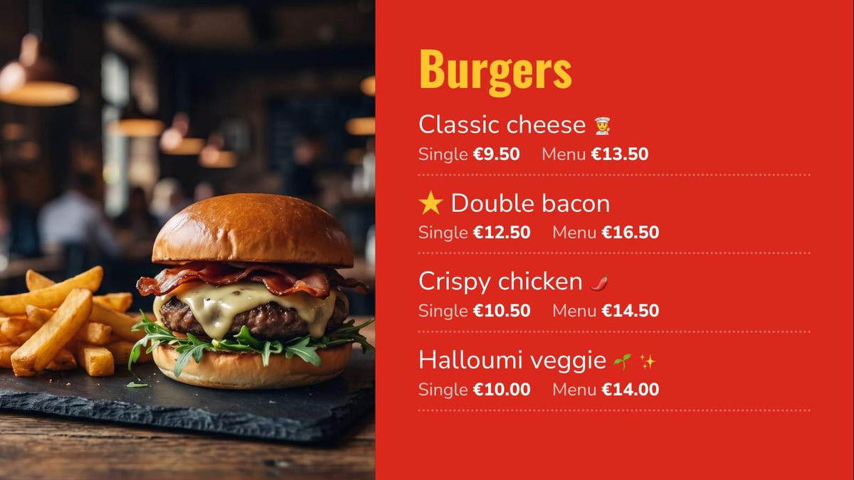 The burger menu: classic cheese, double bacon, crispy chicken and halloumi veggie, each with a single and a menu price, beside a photo of a burger