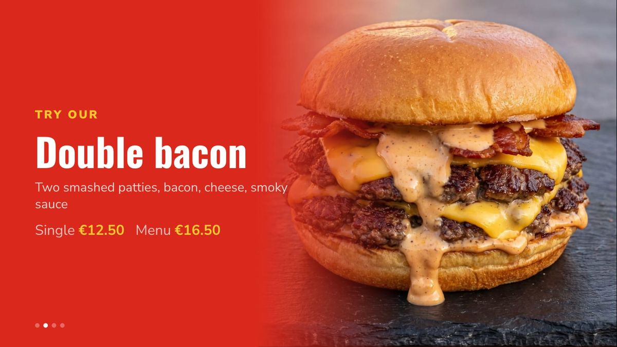 One burger filling the screen with its description and its single and menu prices
