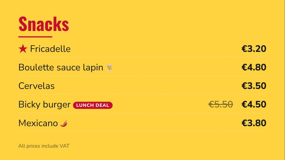 The snack list: fricadelle as today's special, boulette, cervelas, a bicky burger on a lunch deal and a spicy mexicano