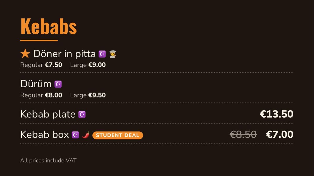 A kebab menu board: döner in pitta and dürüm with regular and large prices, a kebab plate, and a kebab box with a student deal price