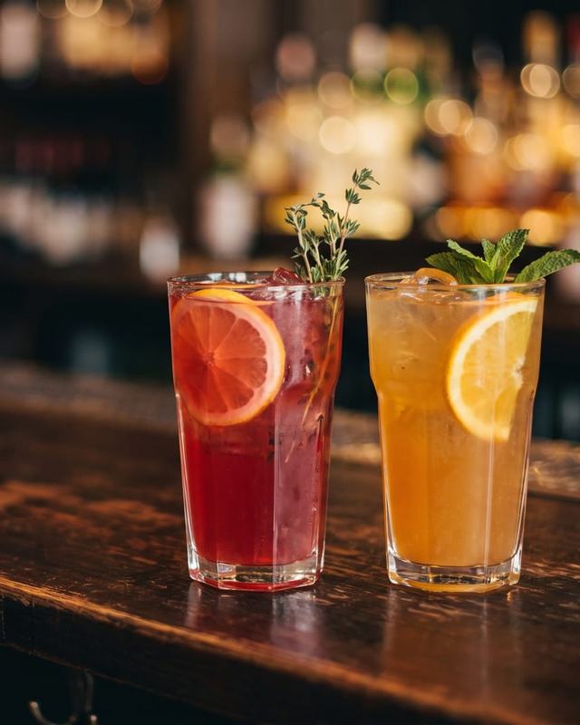 Two cocktails on a bar