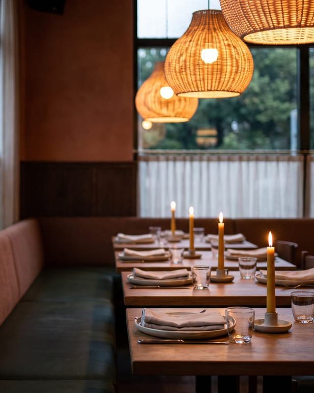 A warm restaurant dining room