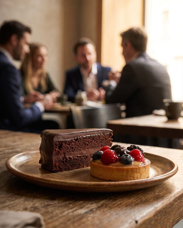 A slice of chocolate cake and a fruit tart