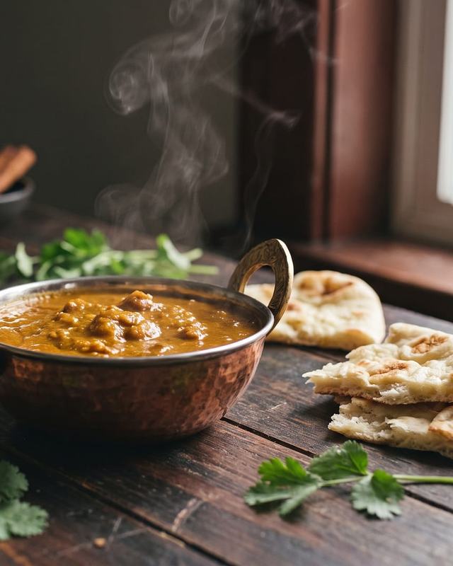 A bowl of curry with rice and naan