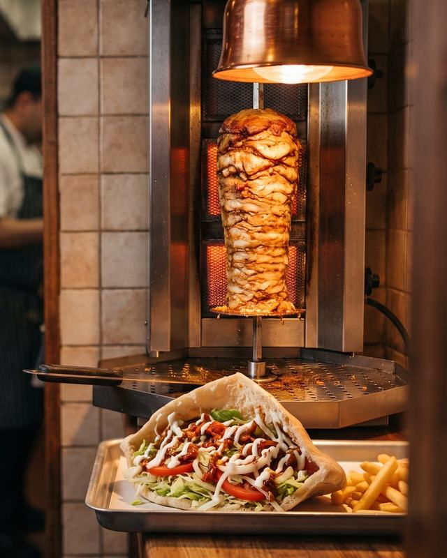 A döner spit and a filled pitta