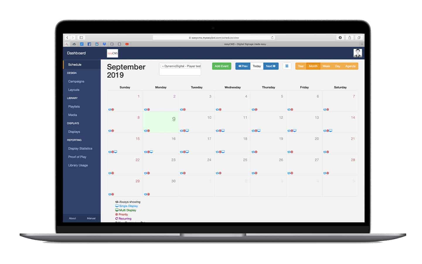 easyCMS scheduling calendar with recurring digital signage events