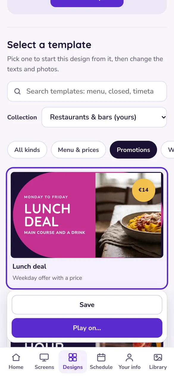 The template gallery in easyCMS Studio on a phone, with a search box, a collection picker and filters by kind.