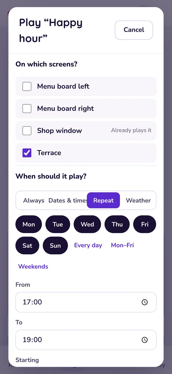The Play popup on a phone: the Terrace screen ticked, Repeat every day from 17:00 to 19:00.