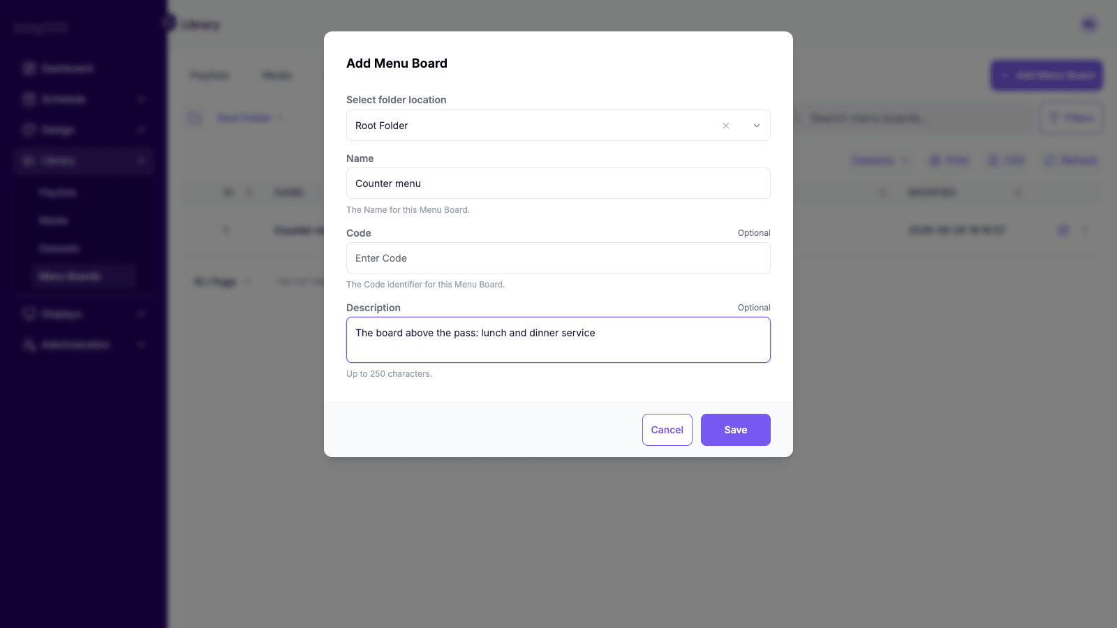 The Add Menu Board dialog with the name Counter menu and a short description filled in