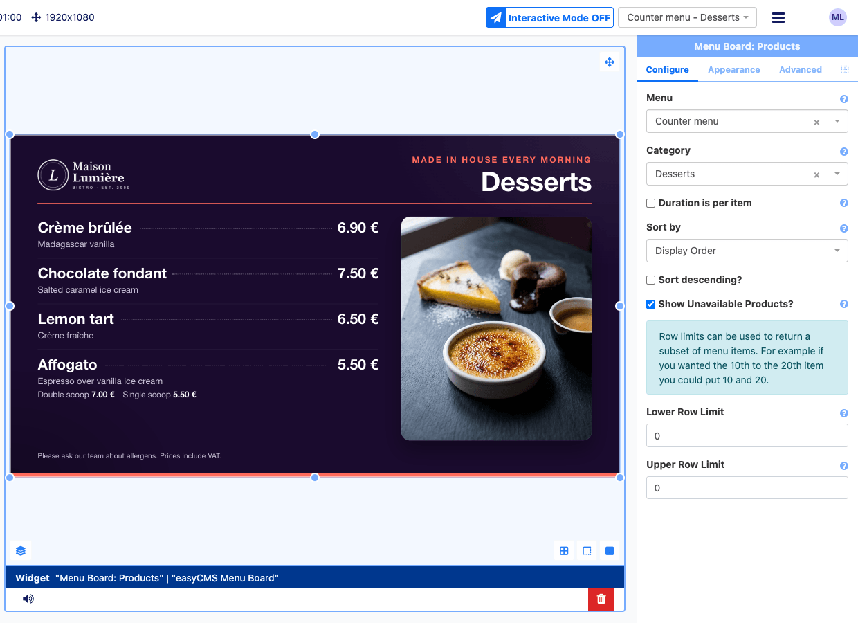 The Configure tab with Counter menu and Desserts selected, and the board showing on the canvas