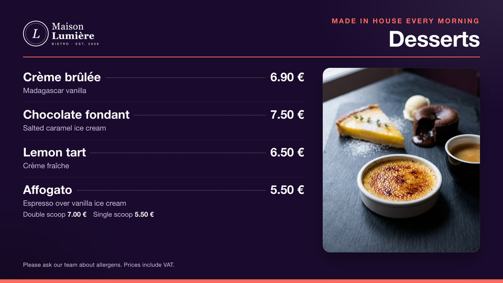 A Full HD menu board showing a restaurant logo, the Desserts heading, four desserts with prices and a feature photo of desserts