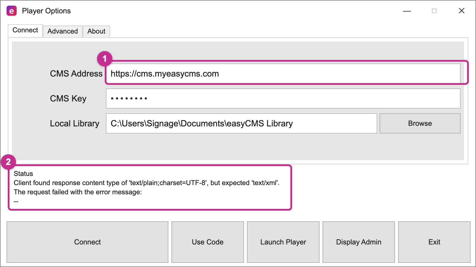 Windows Player Options with the CMS address set to https://cms.myeasycms.com and the content type error in the Status box