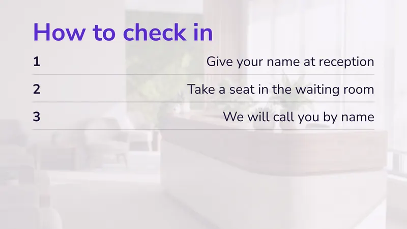 How to check in: Three steps, readable from a seat. An easyCMS Studio template.
