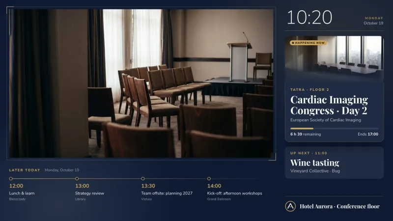 Conference board: Every room's events, live from your bookings. An easyCMS Studio template.