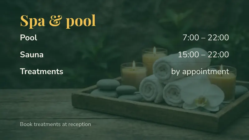 Spa and pool: Opening times by facility. An easyCMS Studio template.