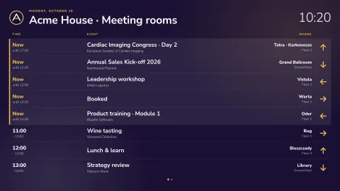 Meeting rooms board: Every room, live from your calendars. An easyCMS Studio template for offices.