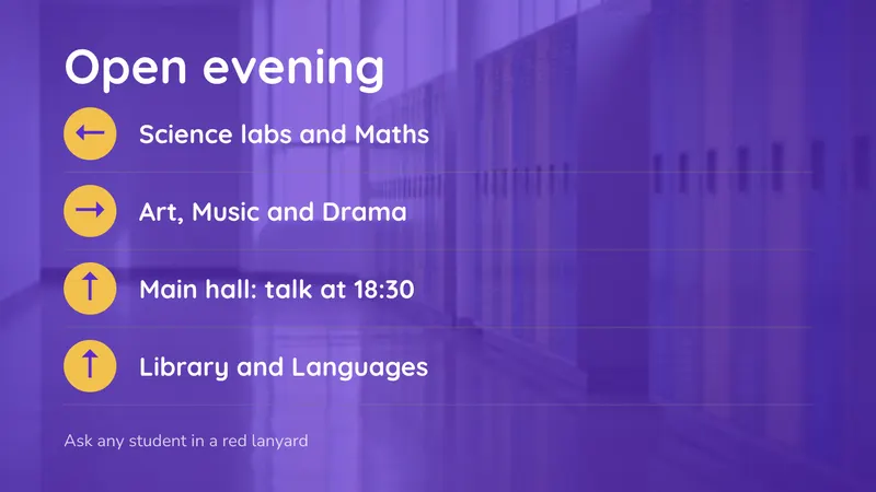 Open evening route: Arrows to each department. An easyCMS Studio template.
