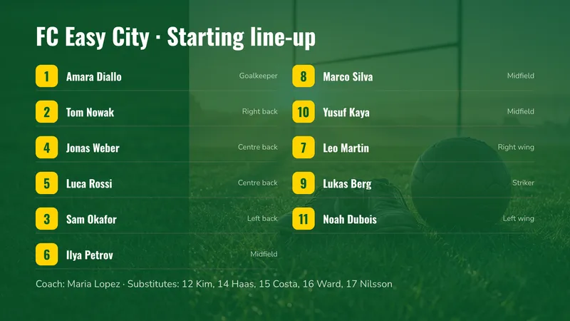 Team sheet: Numbers, names and positions. An easyCMS Studio template.